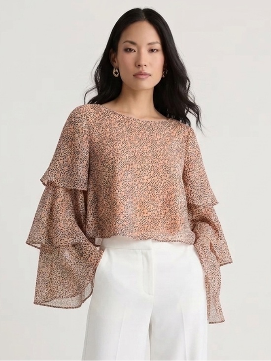 BCBGeneration Tops - BCBGeneration Tiered Ruffle Bell Sleeve Blouse Size Small Sheer Floral Metallic